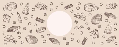 Design banner with different kind of Cheese. Food template with engraved sketch of Mozzarella, Gouda, Roquefort, Parmesan, Brie, Gorgonzola. Hand drawn Cheeses vintage card background for text vector