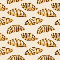 Hand drawn seamless pattern with abstract Croissants. Repeating background with French baked goods. Food illustration, pastry. Design for wrapping, label, paper, card, paper, banner, print vector