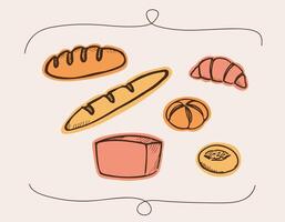 Bakery Products set on isolated background. Hand drawn colour sketches with croissant, baguette, bread, bun, sweet pastry for sign, logo, card, template, print, wrapping, paper, menu, design vector