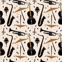 Seamless pattern with Musical instruments. Repeating background with cello, trumpet, drums, microphone, treble clef for template, banner, paper, card, print, flyer. Design texture rapport vector