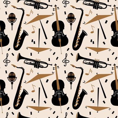 Seamless pattern with Musical instruments. Repeating background with cello, trumpet, drums, microphone, treble clef for template, banner, paper, card, print, flyer. Design texture rapport