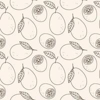 Seamless pattern with Kumquat citrus plants. Repeating background with exotic fruits. Hand drawn rapport with whole and half juicy Fortunella. Food illustration for label, wrapping, textile vector