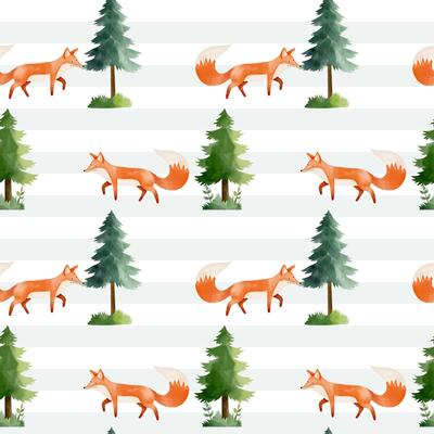 Seamless pattern with cute watercolor fox and pine. Forest wildlife backgrounds. Watercolor woodland