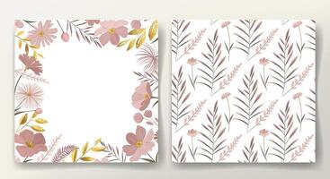 Floral frame. Botanical template. Greeting card and seamless pattern with golden leaves and gentle meadow flowers. vector