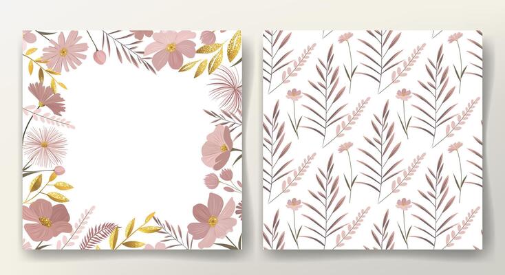 Floral frame. Botanical template. Greeting card and seamless pattern with golden leaves and gentle meadow flowers.