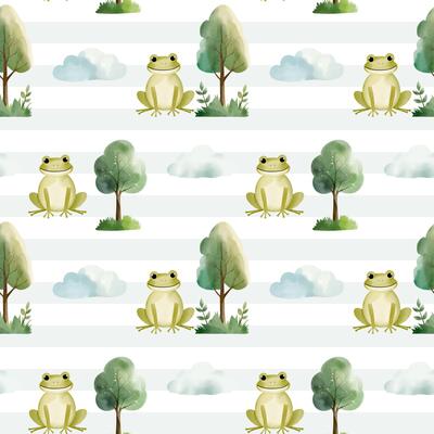 Seamless pattern with cute watercolor frog, trees and clouds. Forest wildlife backgrounds. Watercolor woodland