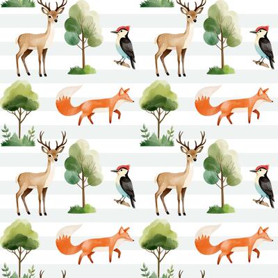 Seamless pattern with cute watercolor deer, fox and woodpecker. Forest wildlife backgrounds. Watercolor woodland