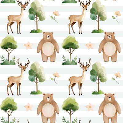 Seamless pattern with cute watercolor deer and bear. Forest wildlife backgrounds. Watercolor woodland
