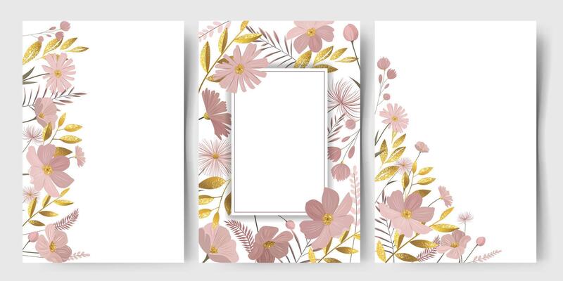 Set of gentle floral frames for greeting card, wedding invitation. Template with golden leaves and pastel flowers.