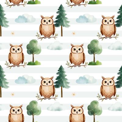 Seamless pattern with cute watercolor owl, pine and clouds. Forest wildlife backgrounds. Watercolor woodland