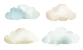 Soft airy clouds in pastel colors. Set of hand drawn watercolor clouds. Gentle elements of nature vector