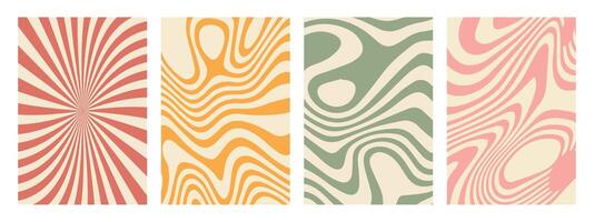 Groovy 70s hippie backgrounds featuring starburst rays. Colorful funky waves, and vintage 60s psychedelic patterns. A set of twisted and distorted textures in a trendy retro Y2K aesthetic. vector