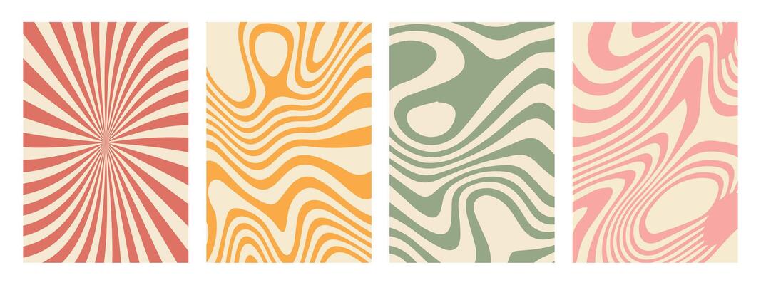 Groovy 70s hippie backgrounds featuring starburst rays. Colorful funky waves, and vintage 60s psychedelic patterns. A set of twisted and distorted textures in a trendy retro Y2K aesthetic.