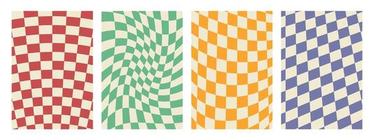 Groovy 70s hippie backgrounds featuring checkerboard,mesh, and wavy patterns.Retro 60s and 70s psychedelic design with a Y2K aesthetic. Gingham wallpaper collection, perfect for print templates vector