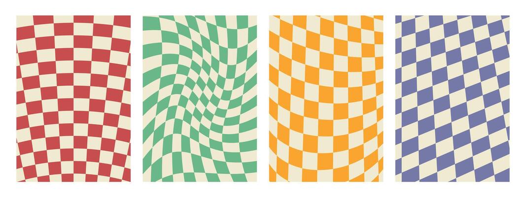 Groovy 70s hippie backgrounds featuring checkerboard,mesh, and wavy patterns.Retro 60s and 70s psychedelic design with a Y2K aesthetic. Gingham wallpaper collection, perfect for print templates