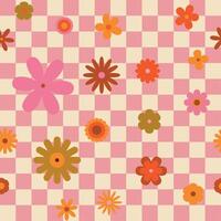 Seamless retro checkered pattern with floral elements. Simple 1970s-style flowers in a doodle design. Perfect for fabric, wallpaper, wrapping paper, and fashion prints. vector