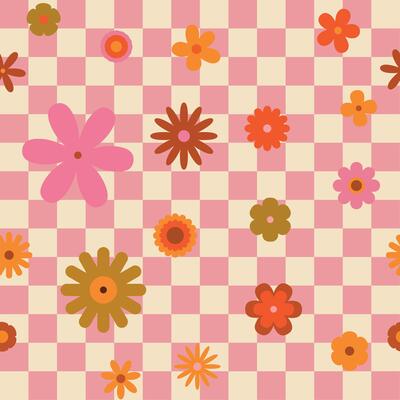 Seamless retro checkered pattern with floral elements. Simple 1970s-style flowers in a doodle design. Perfect for fabric, wallpaper, wrapping paper, and fashion prints.