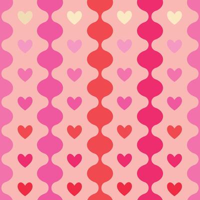 Seamless romantic pattern in a 60s and 70s style featuring hearts. Minimalist geometric design in shades of red and pink