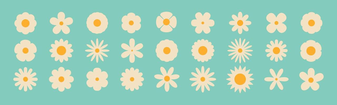 Groovy simple flowers set. Bright floral geometric vintage set in hippie style. Abstract minimal daisy elements. Nostalgic 60s and 70s retro flowers collection.