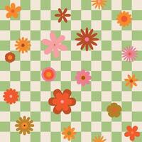 Seamless retro groovy checkered pattern with floral elements. Simple 1970s-style flowers in a doodle design. Perfect for fabric, wrapping paper, wallpaper, and fashion prints vector