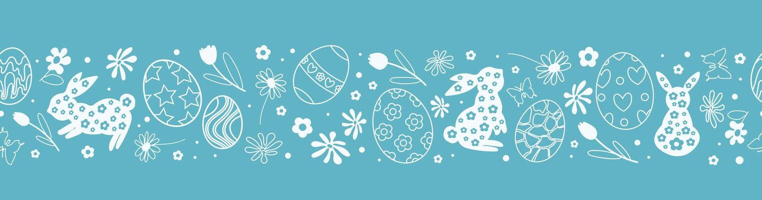 Cute hand drawn design of Easter bunnies, flowers and eggs. Horizontal seamless pattern. Easter doodle background. Great for textiles, cards, banners, wallpapers, wrapping