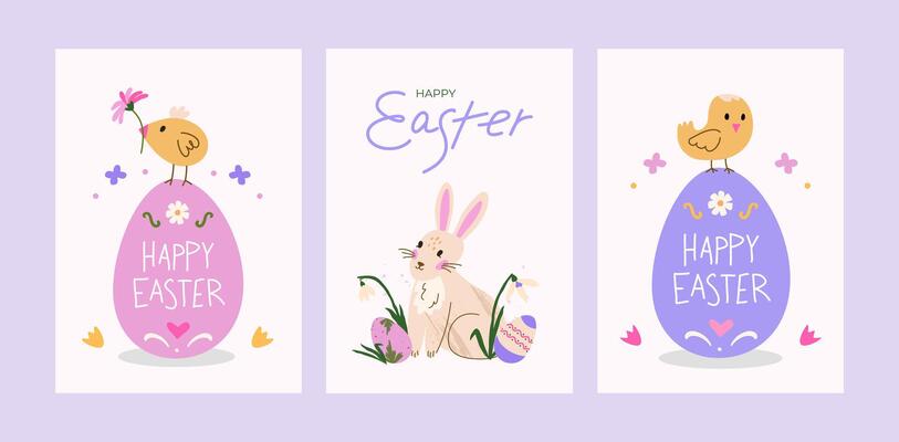 Ornamental cute Easter card set. Trendy greeting cards with bunny, chick, eggs, snowdrop. Pastel and elegant illustration with abstract elements