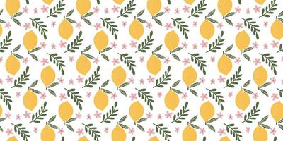 Seamless Lemon and Pink Floral Pattern with Green Foliage on White Background for Fresh and Elegant Decorative Textiles vector