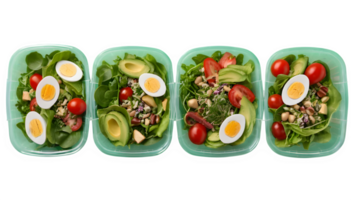 Four plastic containers with salad, eggs and tomatoes png