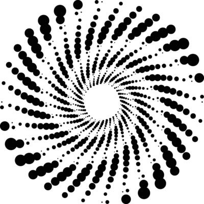 A black and white circular design with dots