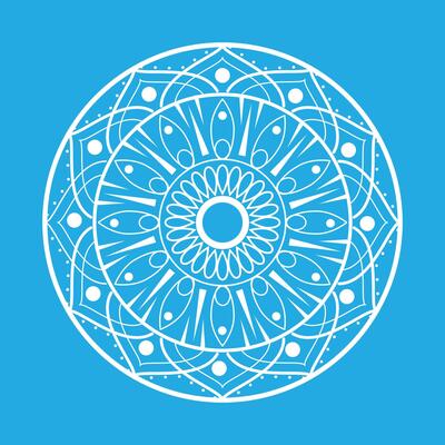 A white circular design on a blue background