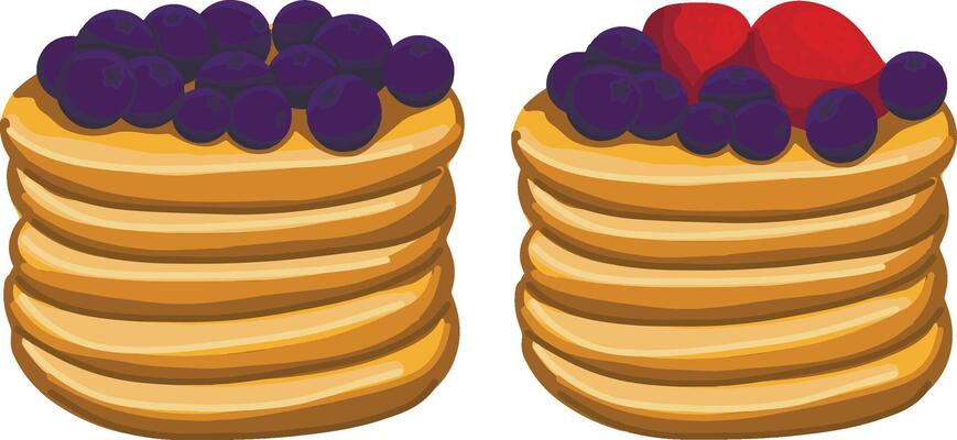 set of golden brown pancakes stack topped with fresh raspberry, blueberry.