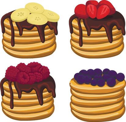 set of golden brown pancakes stack topped with rich, melted chocolate and banana slices, fresh raspberry, blueberry and strawberry.