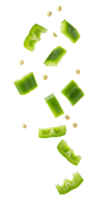Fresh green pepper slices flying in mid-air, perfect for culinary and organic food themes isolated png