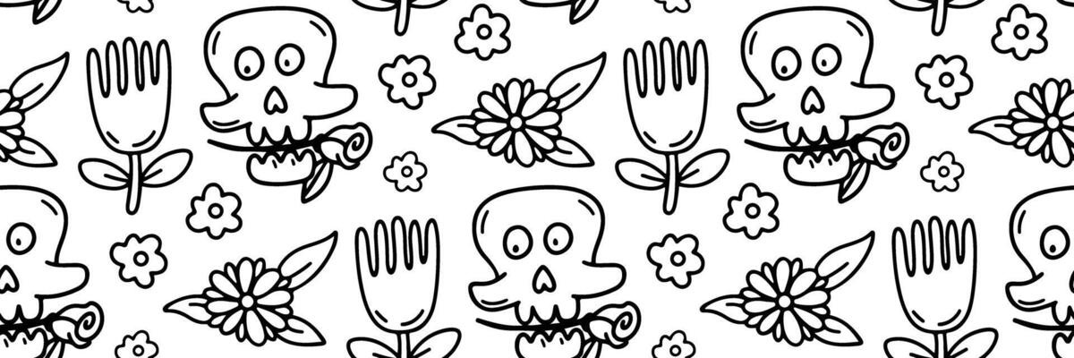 Day of dead sugar skull seamless pattern. Dia de los muertos festive background. Mexican tradition festival. illustration for fabric, wrapping paper, textile and wallpaper. Floral ornament.
