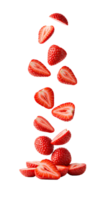 Sliced strawberries floating and falling naturally in the air png