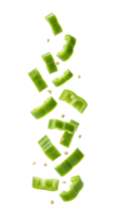 green pepper pieces falling down . Fresh green pepper slices flying in mid-air, perfect for culinary and organic food themes isolated. vibrant peppers piece tumbling from the top png