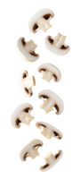 Mushroom pieces falling down . Sliced mushrooms dropping from above, perfect for organic food and culinary themes . Various mushroom slices flying isolated png