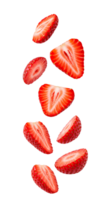 Fresh strawberry slices falling mid-air with vibrant red color png