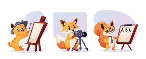 Bright set featuring animals in different professions, including a cat artist, a fox photographer, and a squirrel teacher vector