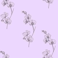 Seamless pattern with hand drawn flowers. Line art orchids on a violet background. Elegant and minimalistic design, perfect for textiles, wallpapers. vector