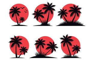 Silhouettes of palm trees against a red sun isolated set on a white background flat illustration vector