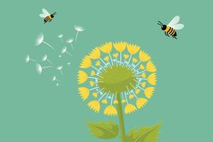 flat illustration of dandelion and bees vector