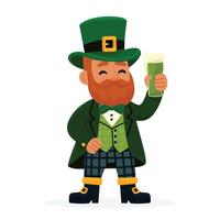 Flat illustration of a cheerful man in a traditional St Patricks Day costume holding a mug of emerald-green beer isolated on white background vector
