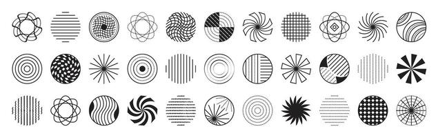 Black line and dotted circle set, monochrome round shapes, abstract radial forms vector