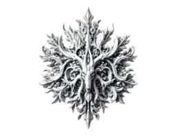 Intricate floral design with deer skull center, artistic rendering, white on black background, suitable for design elements png