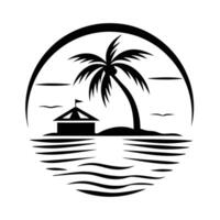 Summer beach. Two lonely palms and grass. Beach scene tropical island palm tree silhouette illustration. vector