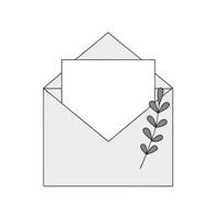 Open envelope line drawing white paper illustration.Open envelope with white blank card flat isolated. vector