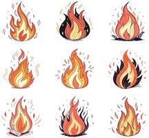 Set of Colorful Fire Flame Illustrations on White Background vector