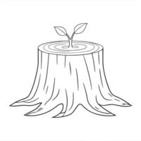 Tree stump with new growth simple line drawing illustration. Hand drawn old stump. vector