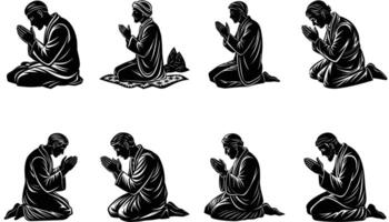 Set of Silhouettes of Men Praying on White Background vector